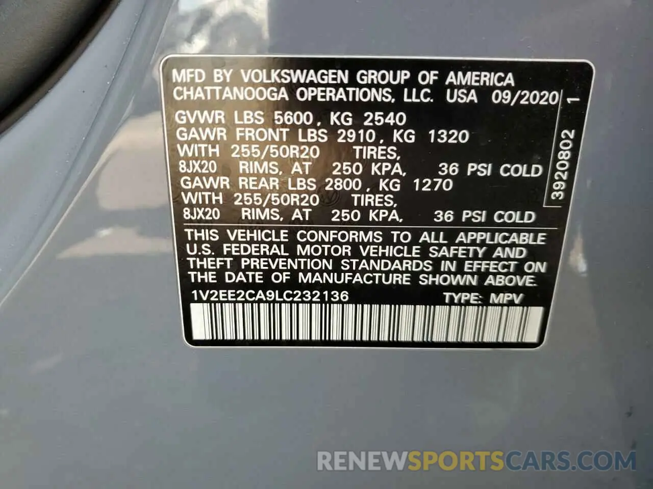 13 Photograph of a damaged car 1V2EE2CA9LC232136 VOLKSWAGEN ATLAS 2020