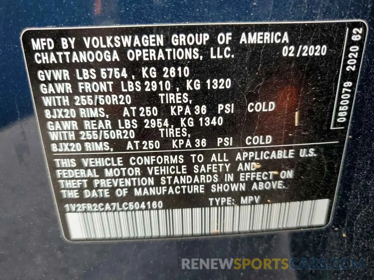 13 Photograph of a damaged car 1V2FR2CA7LC504160 VOLKSWAGEN ATLAS 2020