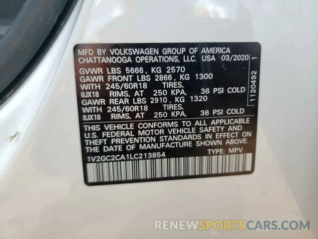 14 Photograph of a damaged car 1V2GC2CA1LC213854 VOLKSWAGEN ATLAS 2020