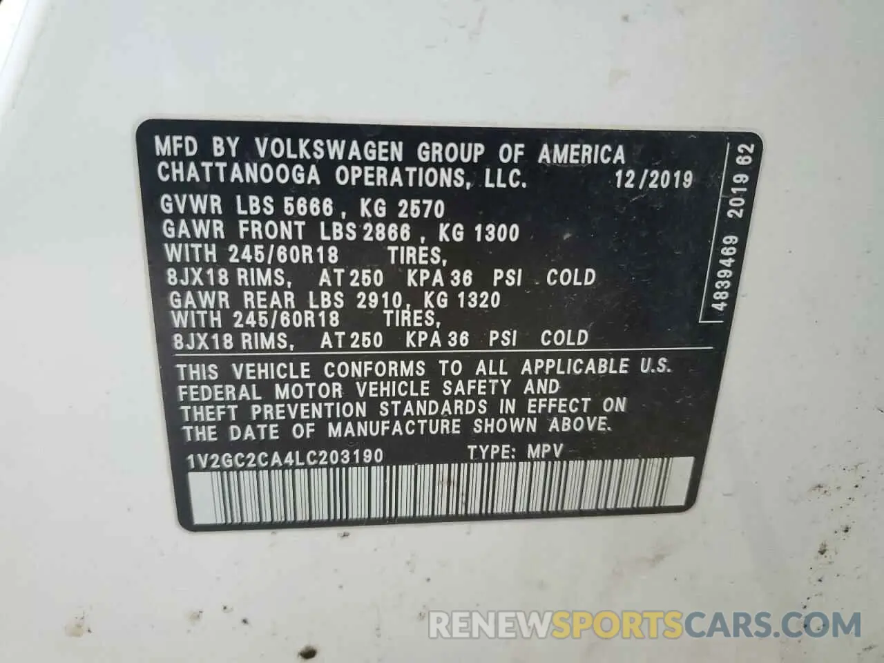 13 Photograph of a damaged car 1V2GC2CA4LC203190 VOLKSWAGEN ATLAS 2020