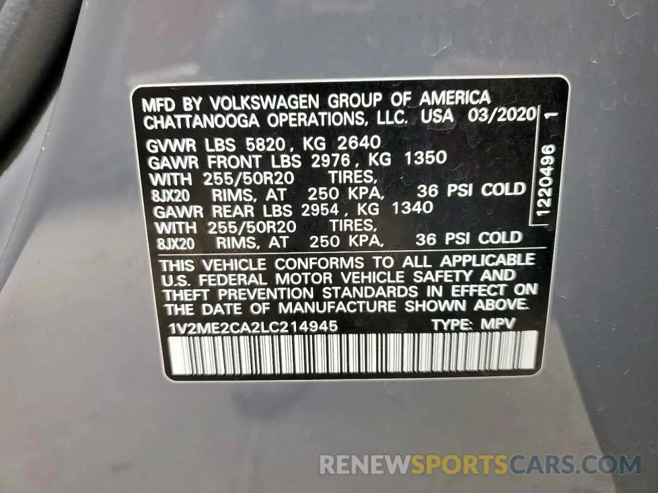 13 Photograph of a damaged car 1V2ME2CA2LC214945 VOLKSWAGEN ATLAS 2020