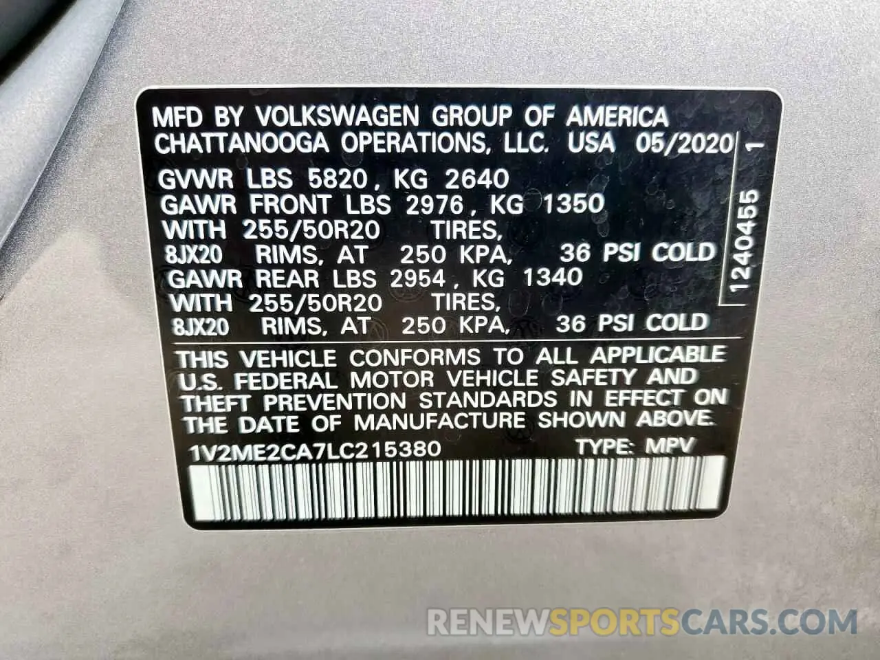 13 Photograph of a damaged car 1V2ME2CA7LC215380 VOLKSWAGEN ATLAS 2020