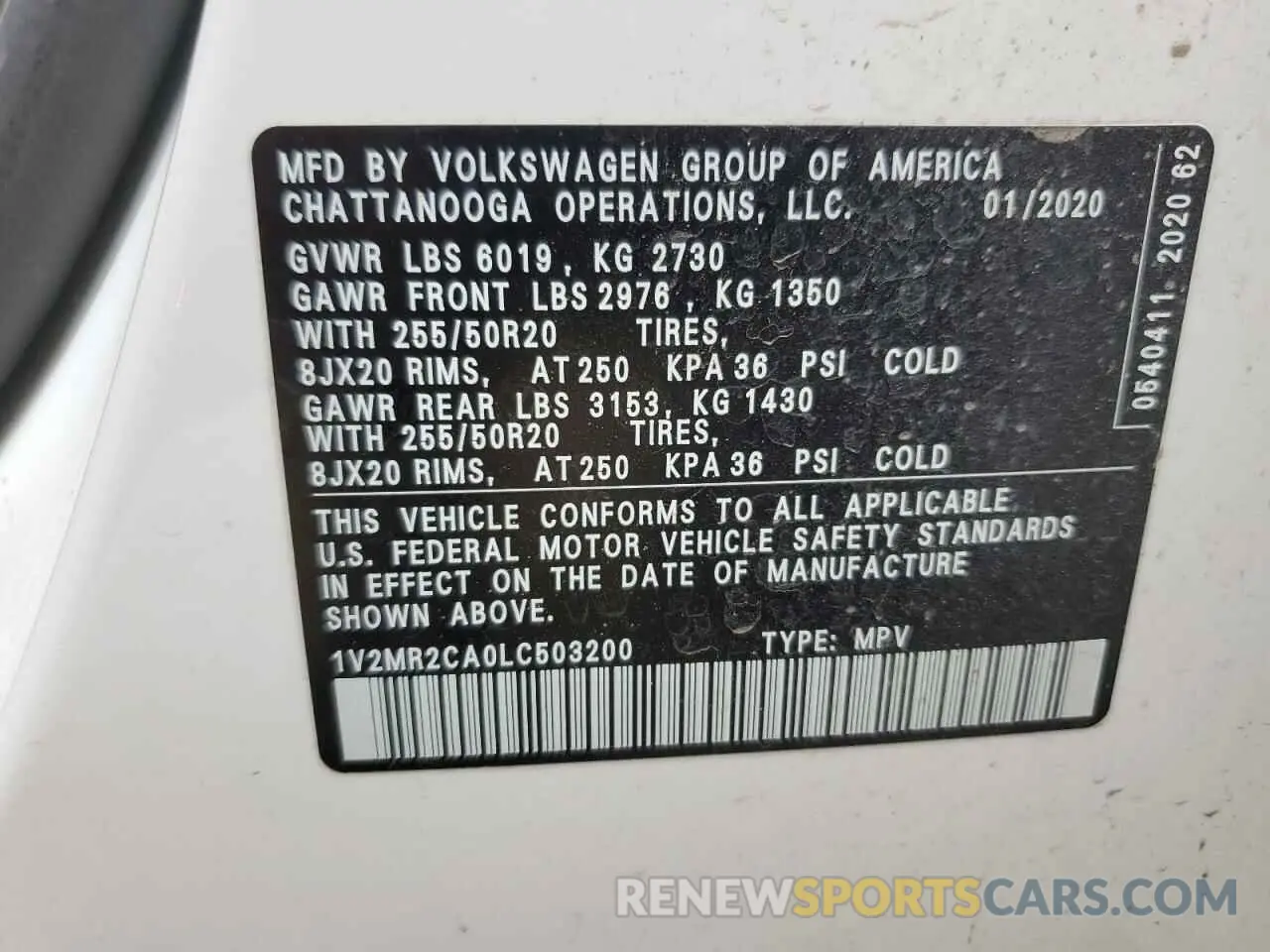 16 Photograph of a damaged car 1V2MR2CA0LC503200 VOLKSWAGEN ATLAS 2020