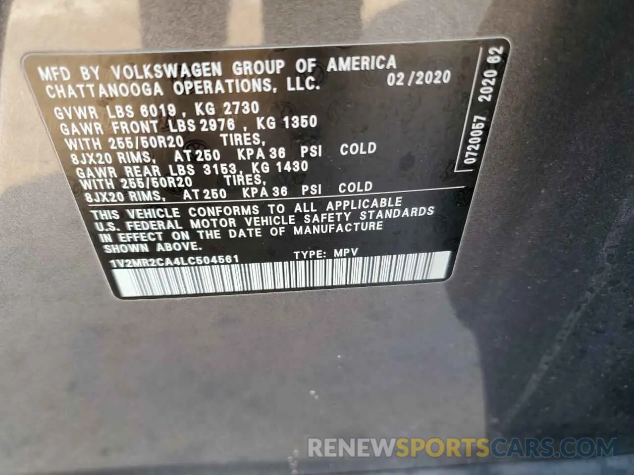 13 Photograph of a damaged car 1V2MR2CA4LC504561 VOLKSWAGEN ATLAS 2020