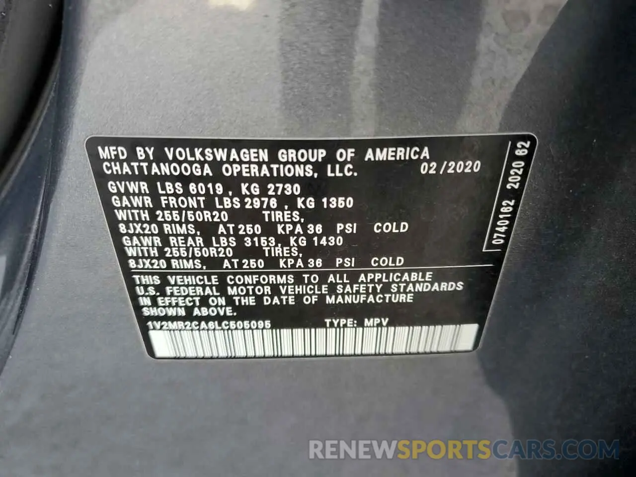 13 Photograph of a damaged car 1V2MR2CA6LC505095 VOLKSWAGEN ATLAS 2020