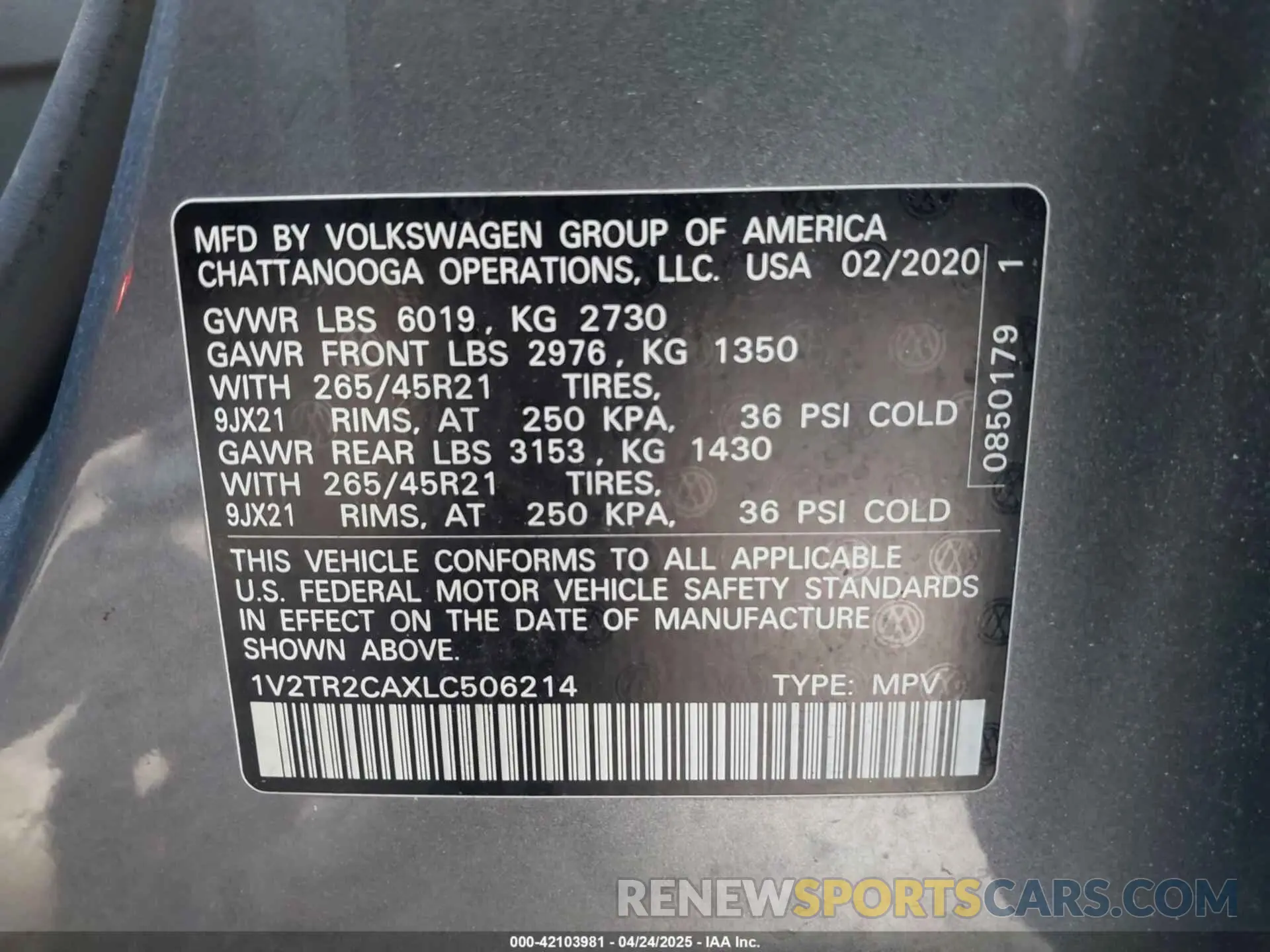 9 Photograph of a damaged car 1V2TR2CAXLC506214 VOLKSWAGEN ATLAS 2020