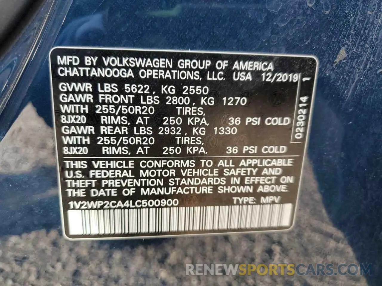 13 Photograph of a damaged car 1V2WP2CA4LC500900 VOLKSWAGEN ATLAS 2020