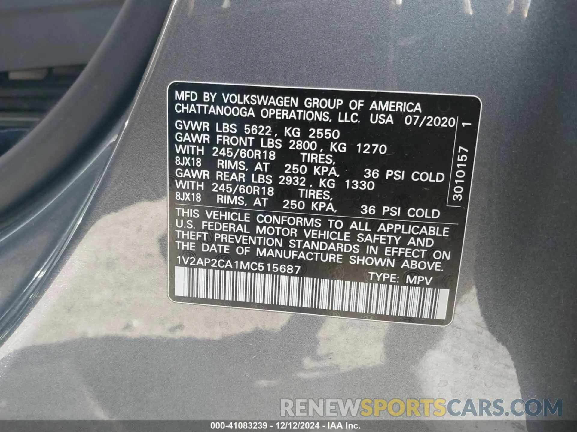 9 Photograph of a damaged car 1V2AP2CA1MC515687 VOLKSWAGEN ATLAS 2021