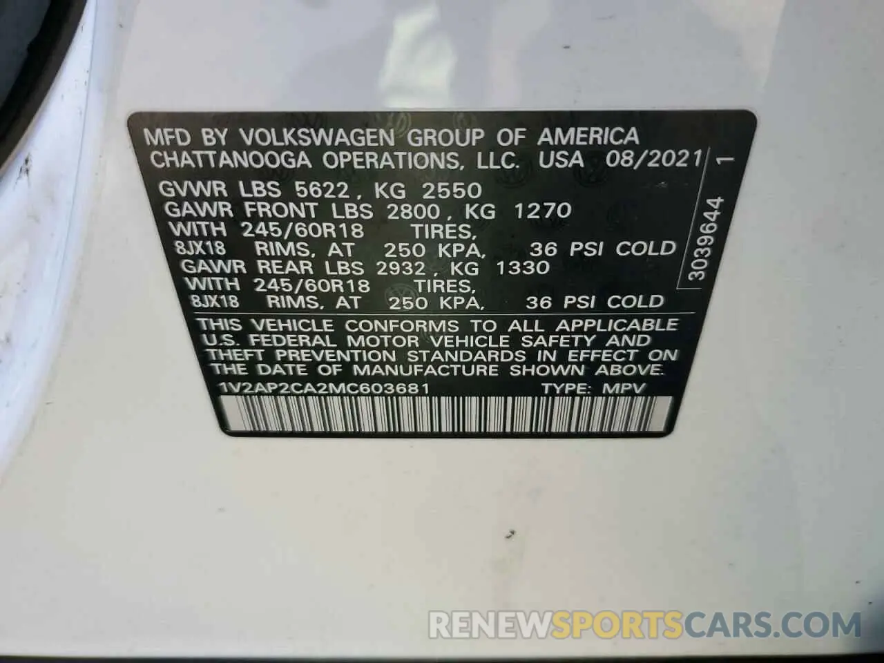 13 Photograph of a damaged car 1V2AP2CA2MC603681 VOLKSWAGEN ATLAS 2021