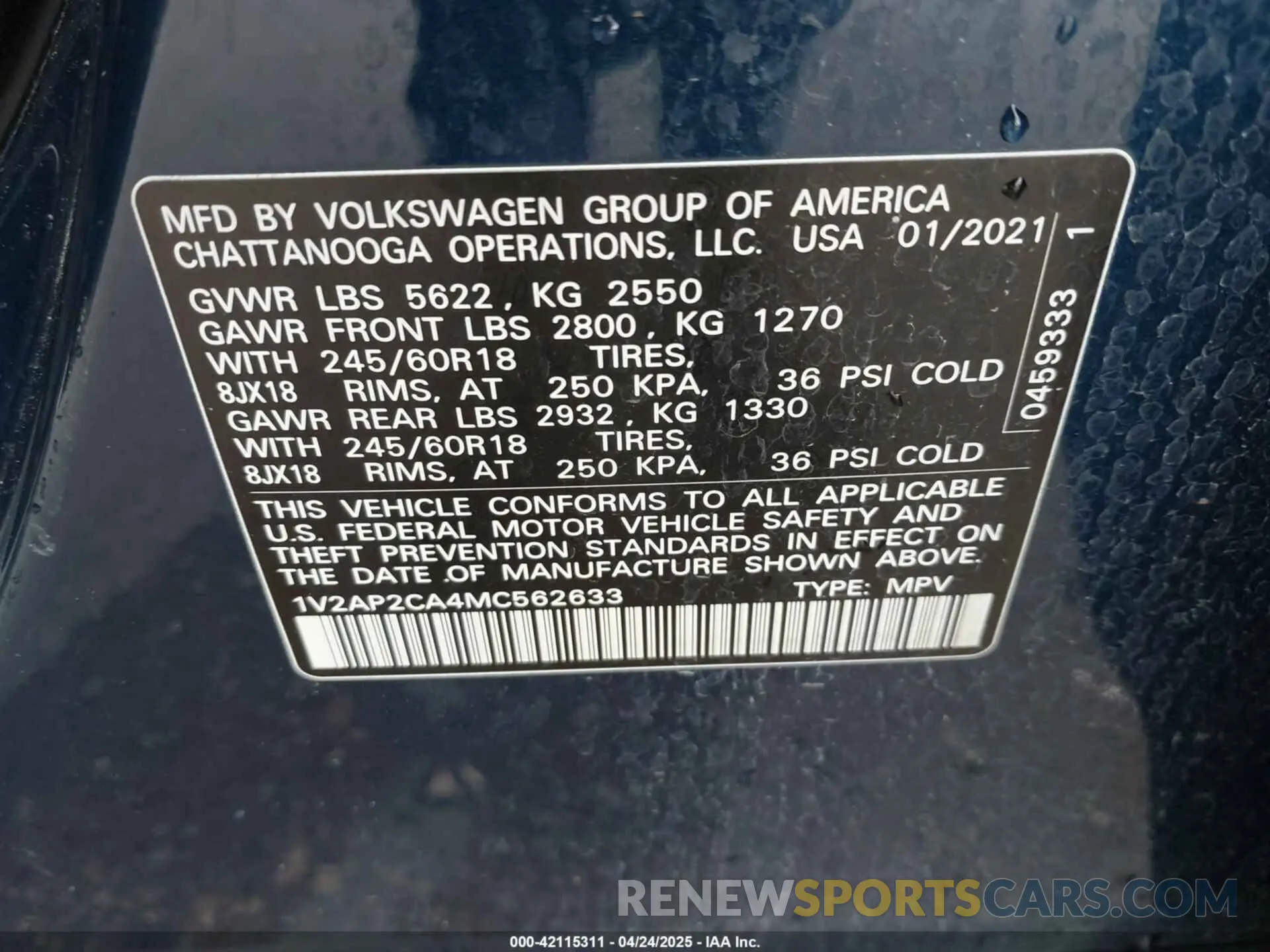 9 Photograph of a damaged car 1V2AP2CA4MC562633 VOLKSWAGEN ATLAS 2021