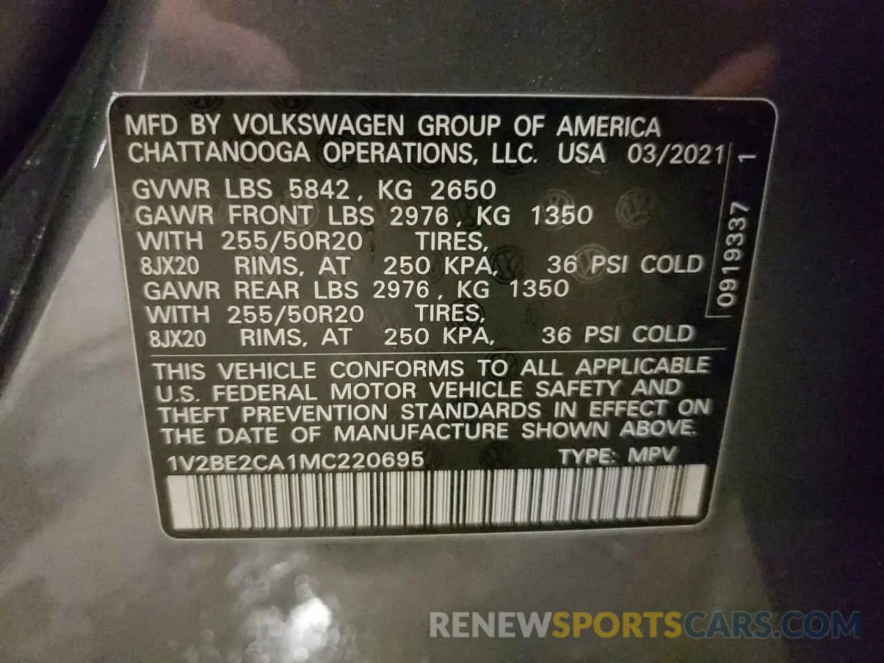 13 Photograph of a damaged car 1V2BE2CA1MC220695 VOLKSWAGEN ATLAS 2021