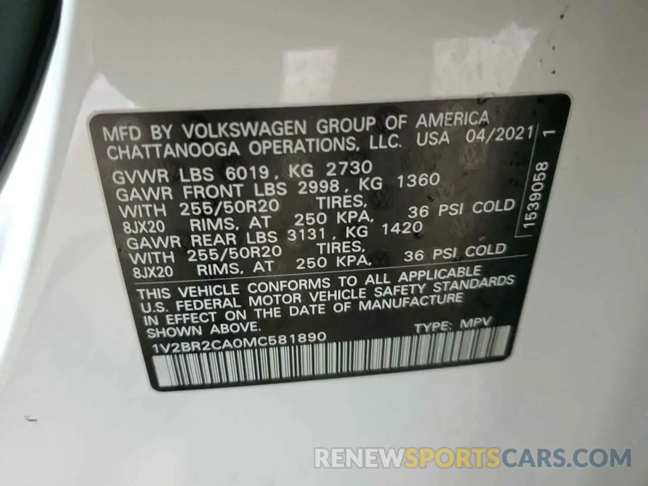 13 Photograph of a damaged car 1V2BR2CA0MC581890 VOLKSWAGEN ATLAS 2021