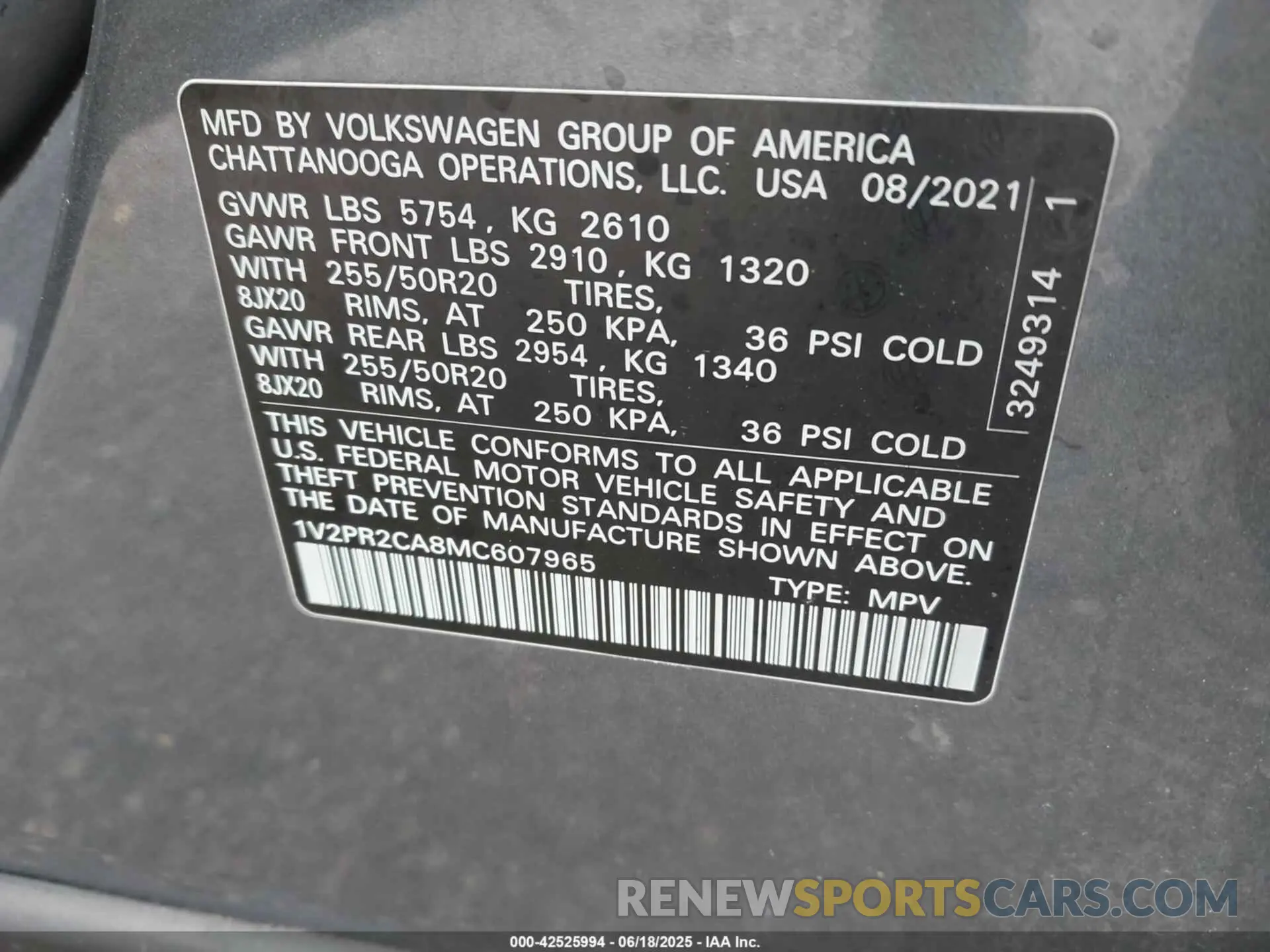 9 Photograph of a damaged car 1V2BR2CA5MC607965 VOLKSWAGEN ATLAS 2021