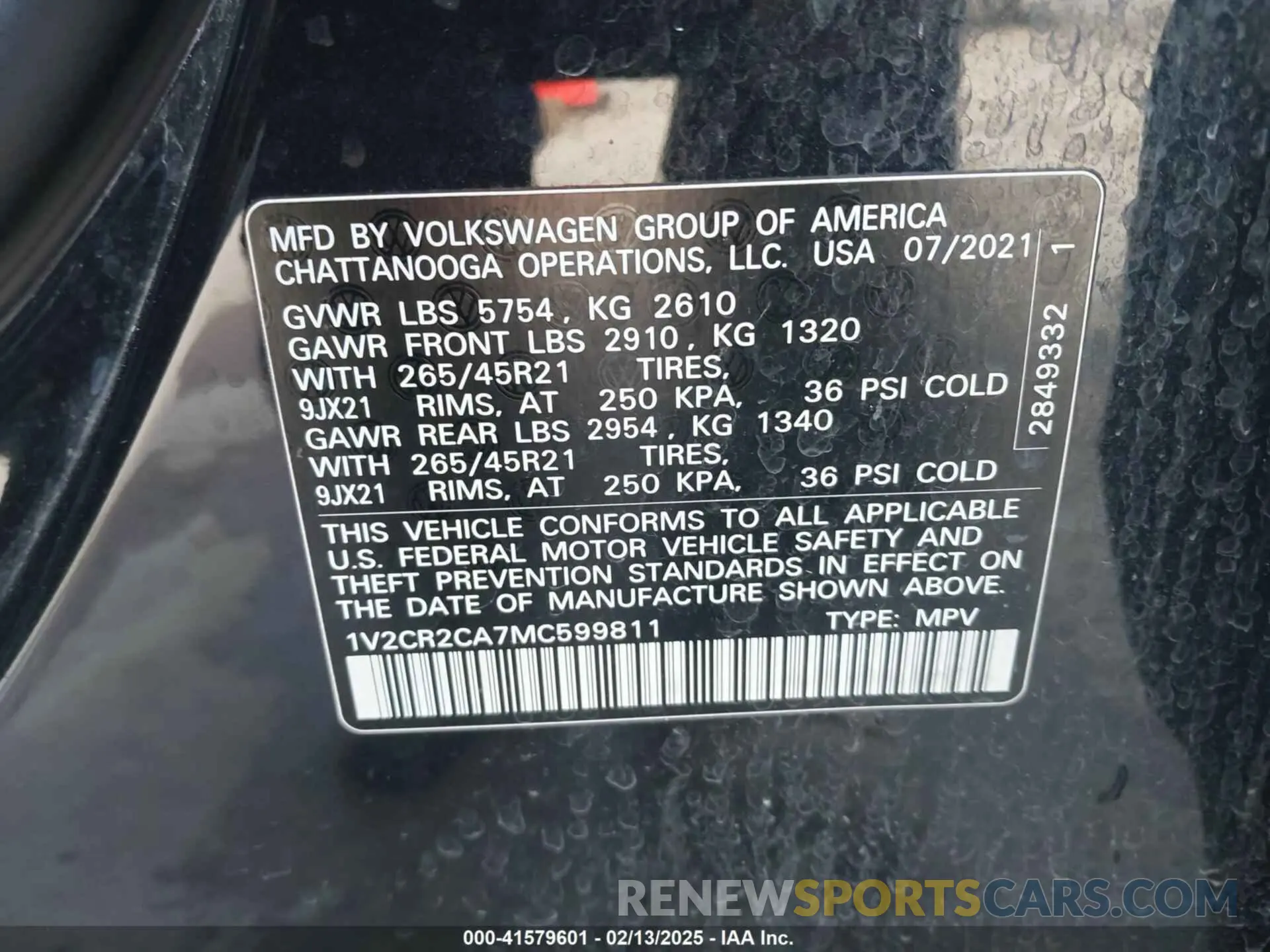 9 Photograph of a damaged car 1V2CR2CA7MC599811 VOLKSWAGEN ATLAS 2021