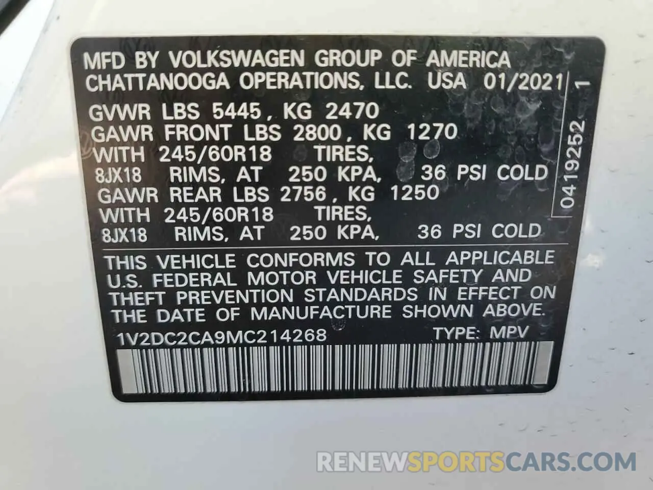 15 Photograph of a damaged car 1V2DC2CA9MC214268 VOLKSWAGEN ATLAS 2021