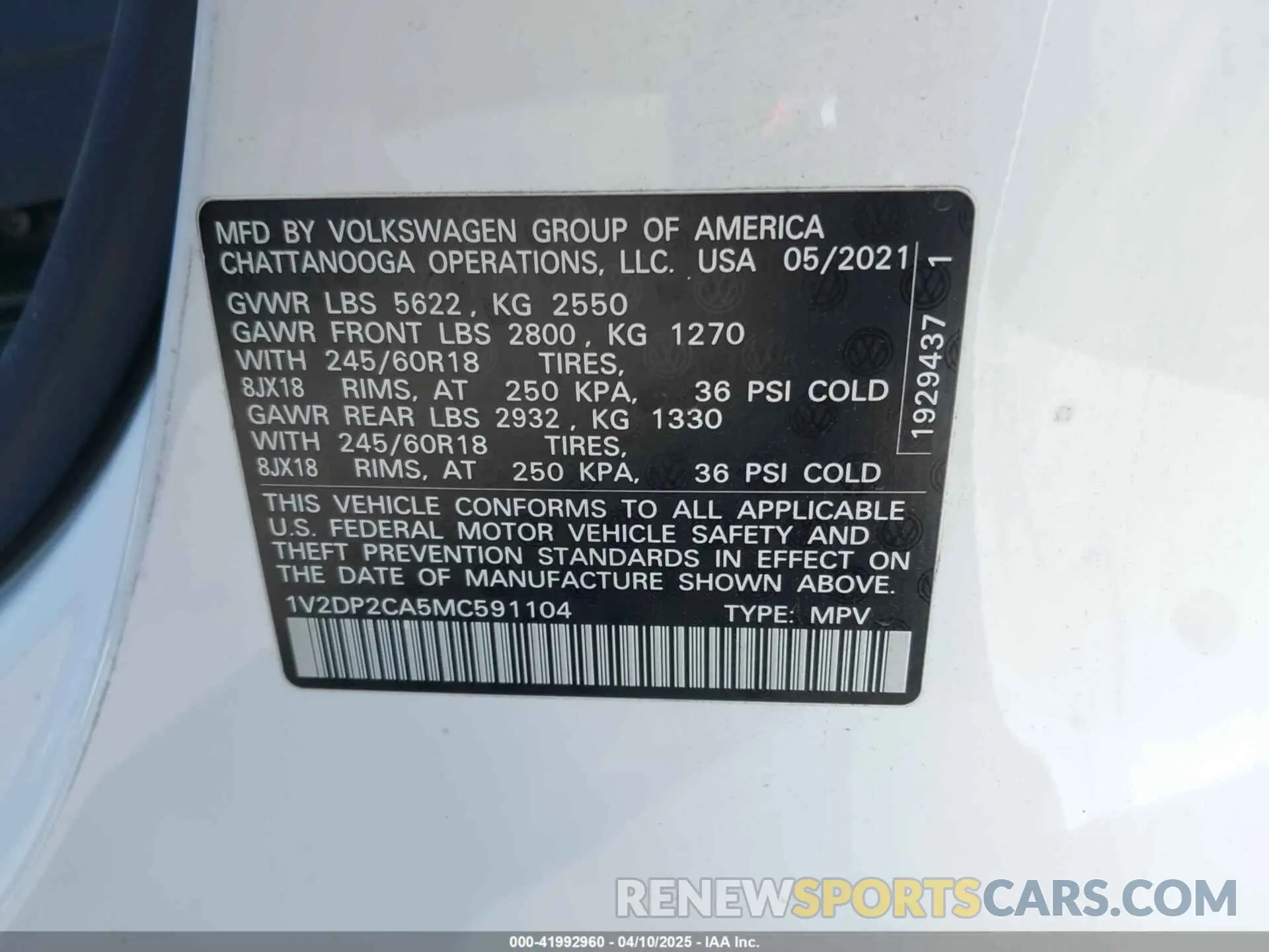 9 Photograph of a damaged car 1V2DP2CA5MC591104 VOLKSWAGEN ATLAS 2021