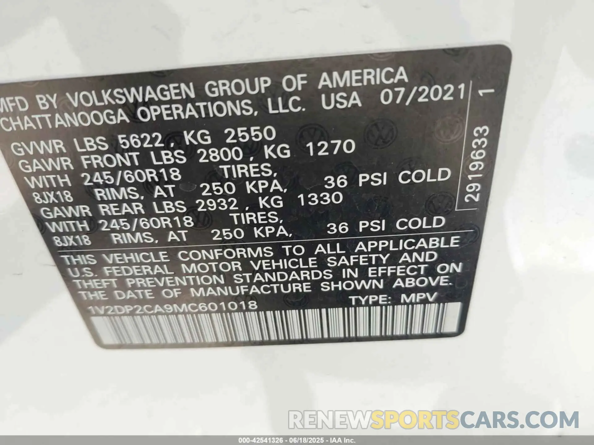 9 Photograph of a damaged car 1V2DP2CA9MC601018 VOLKSWAGEN ATLAS 2021