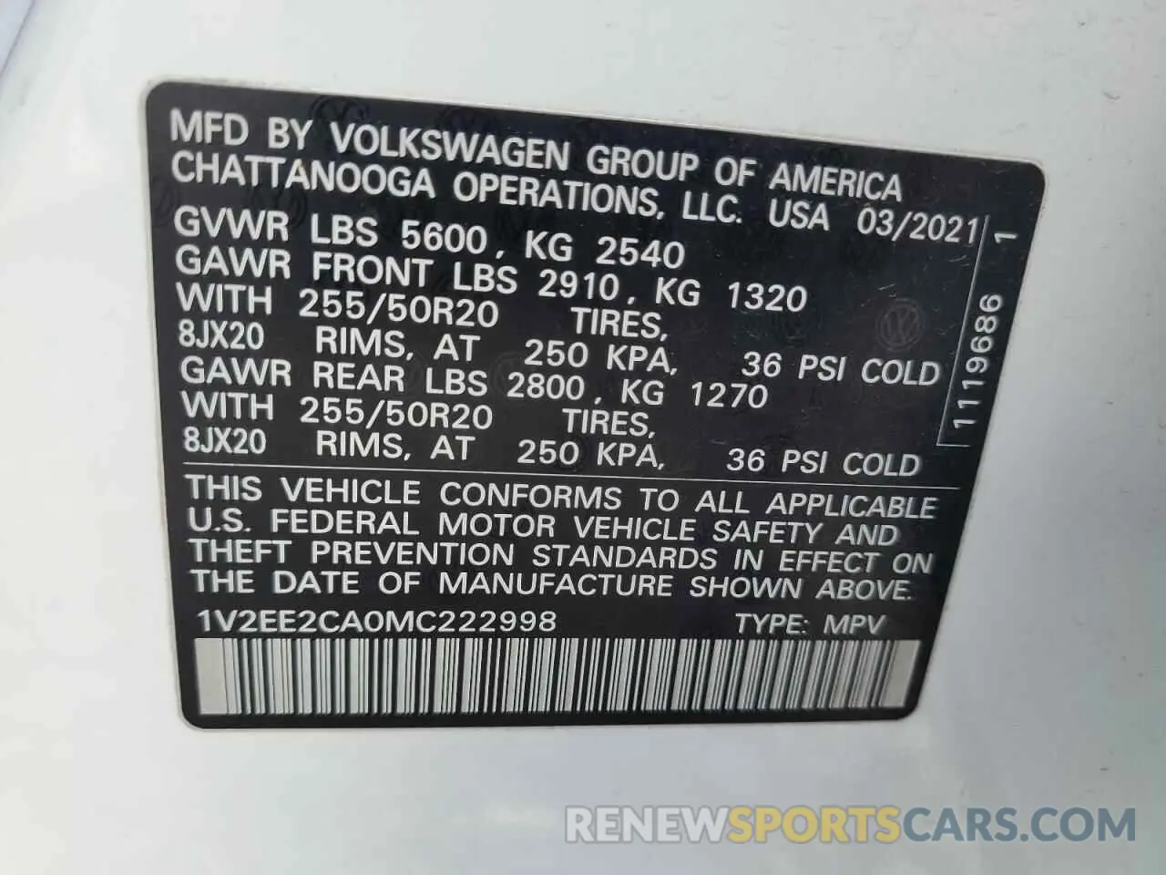 13 Photograph of a damaged car 1V2EE2CA0MC222998 VOLKSWAGEN ATLAS 2021