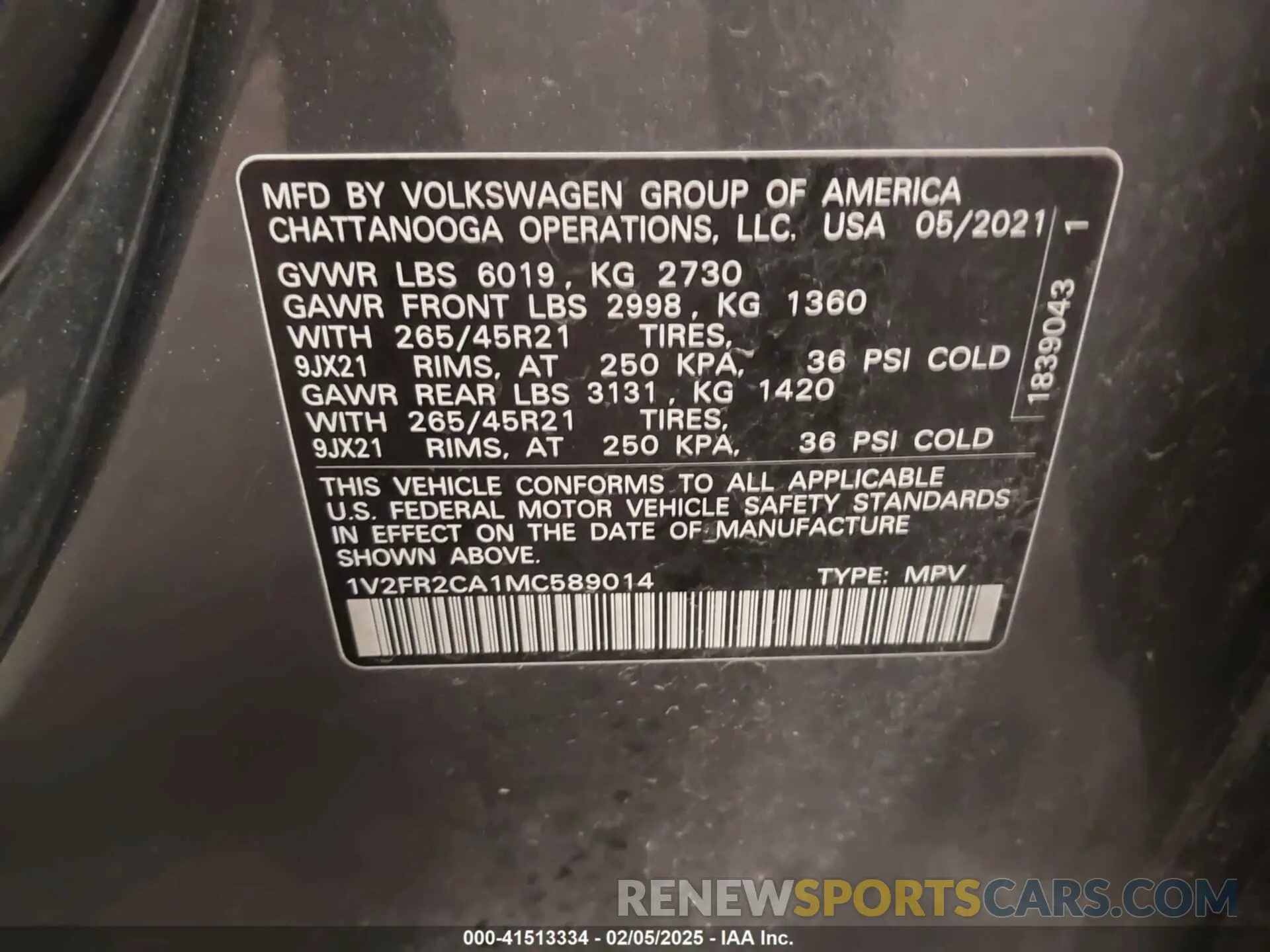9 Photograph of a damaged car 1V2FR2CA1MC589014 VOLKSWAGEN ATLAS 2021