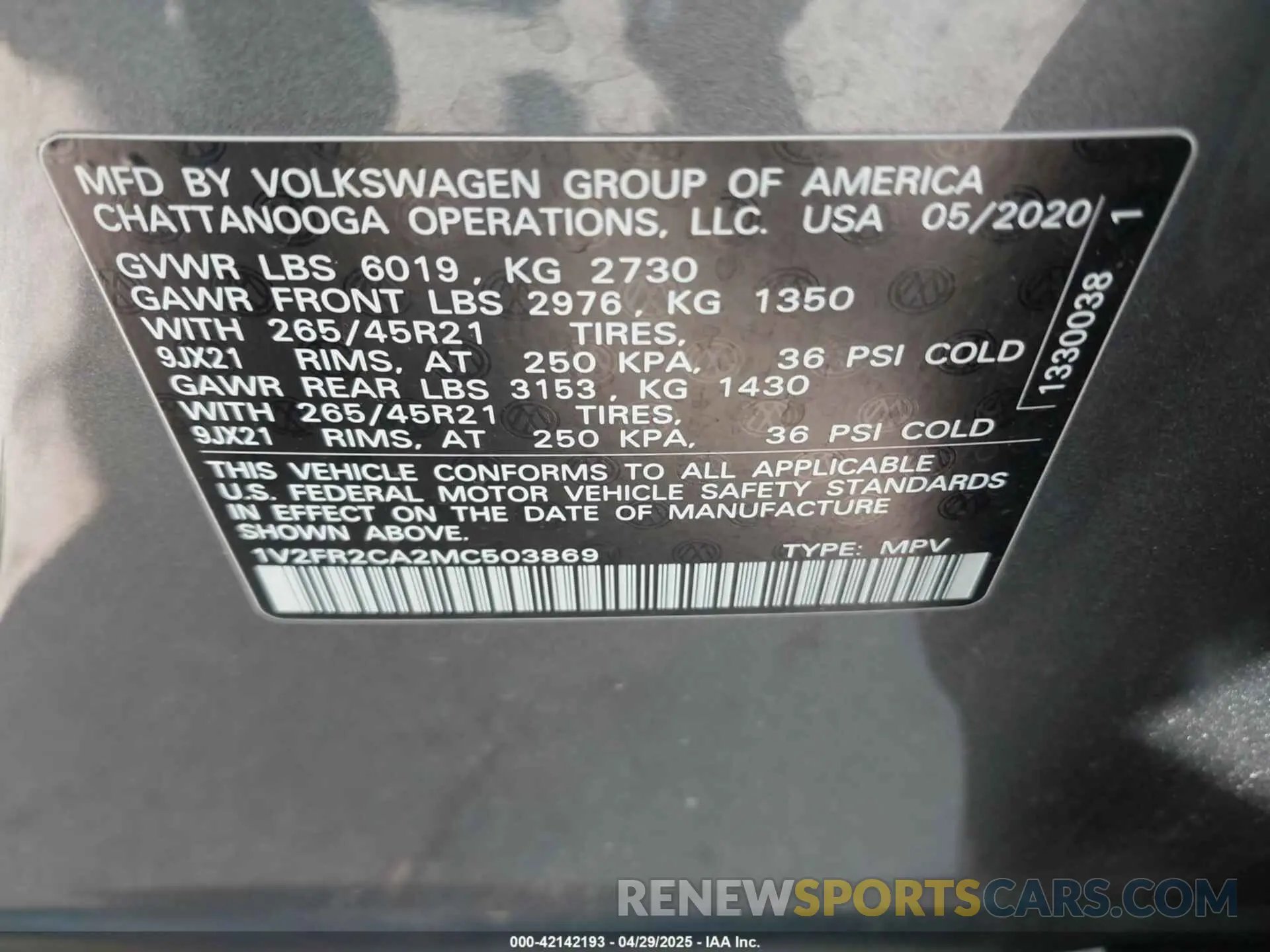9 Photograph of a damaged car 1V2FR2CA2MC503869 VOLKSWAGEN ATLAS 2021