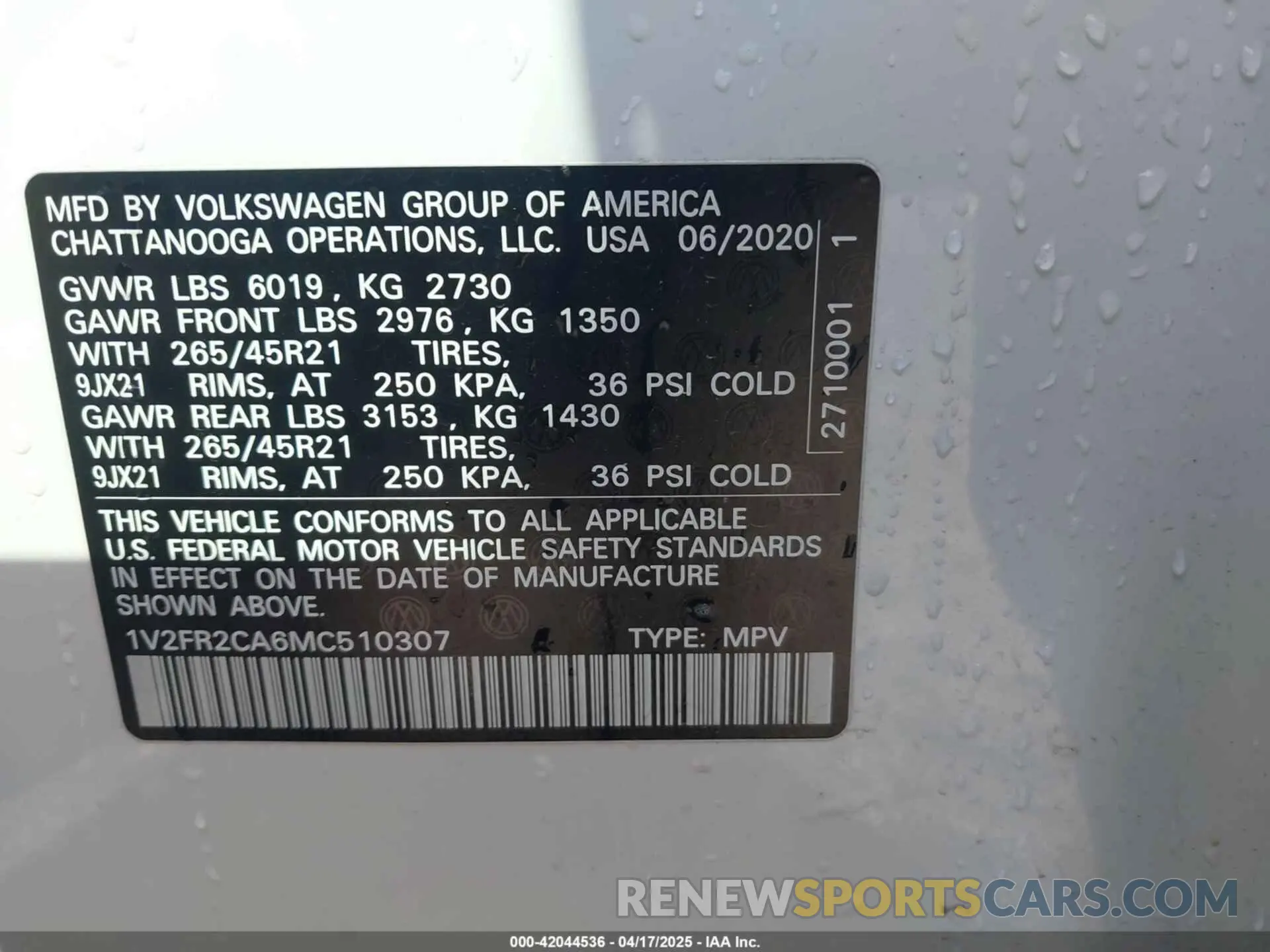 9 Photograph of a damaged car 1V2FR2CA6MC510307 VOLKSWAGEN ATLAS 2021