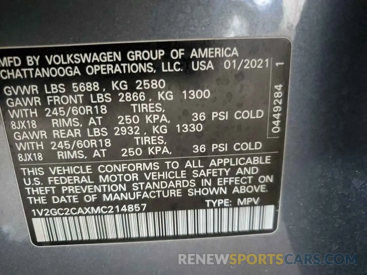 13 Photograph of a damaged car 1V2GC2CAXMC214857 VOLKSWAGEN ATLAS 2021