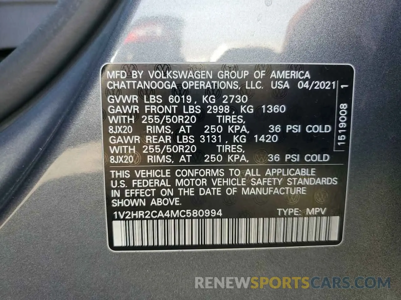 13 Photograph of a damaged car 1V2HR2CA4MC580994 VOLKSWAGEN ATLAS 2021