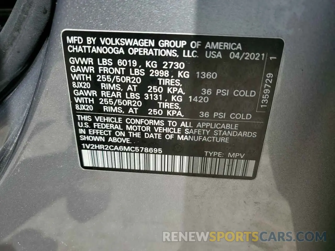 13 Photograph of a damaged car 1V2HR2CA6MC578695 VOLKSWAGEN ATLAS 2021