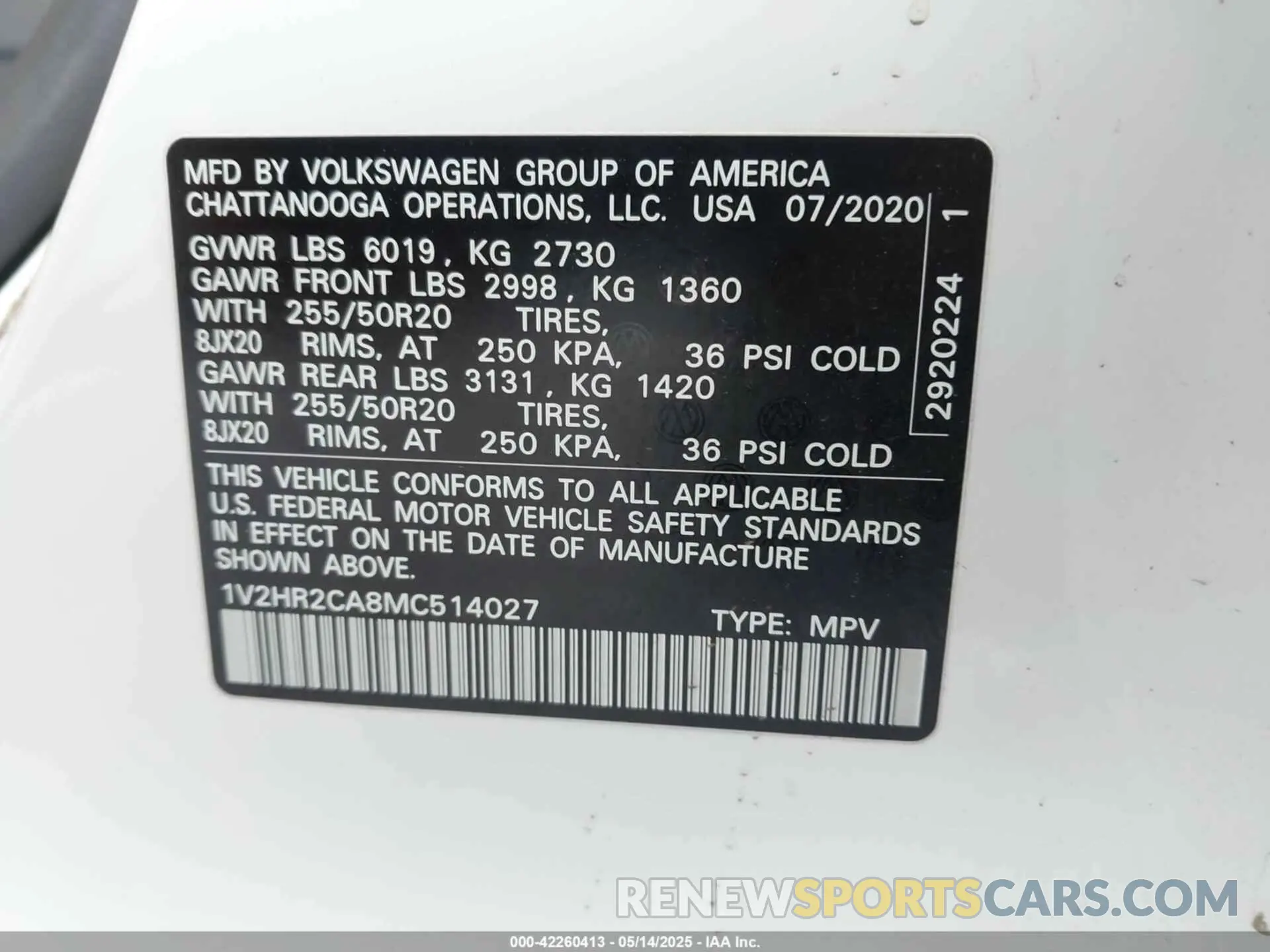 9 Photograph of a damaged car 1V2HR2CA8MC514027 VOLKSWAGEN ATLAS 2021