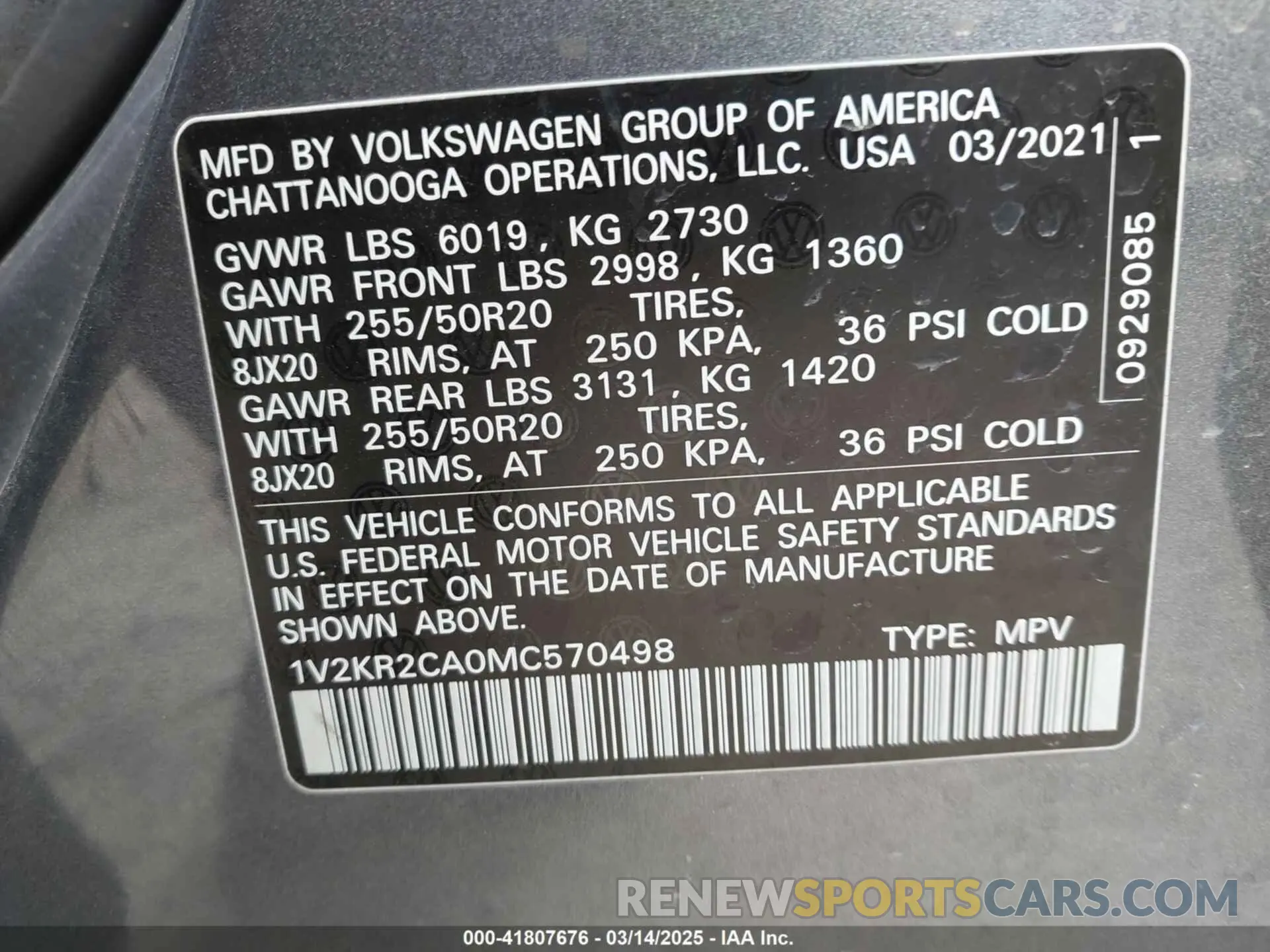 9 Photograph of a damaged car 1V2KR2CA0MC570498 VOLKSWAGEN ATLAS 2021