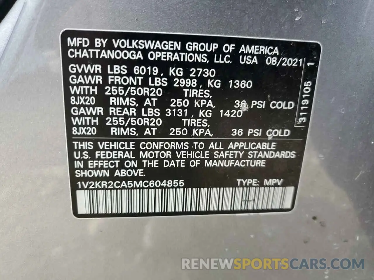 13 Photograph of a damaged car 1V2KR2CA5MC604855 VOLKSWAGEN ATLAS 2021