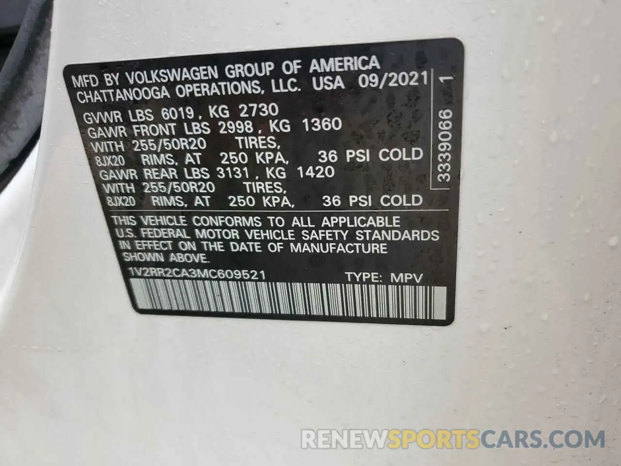 13 Photograph of a damaged car 1V2RR2CA3MC609521 VOLKSWAGEN ATLAS 2021