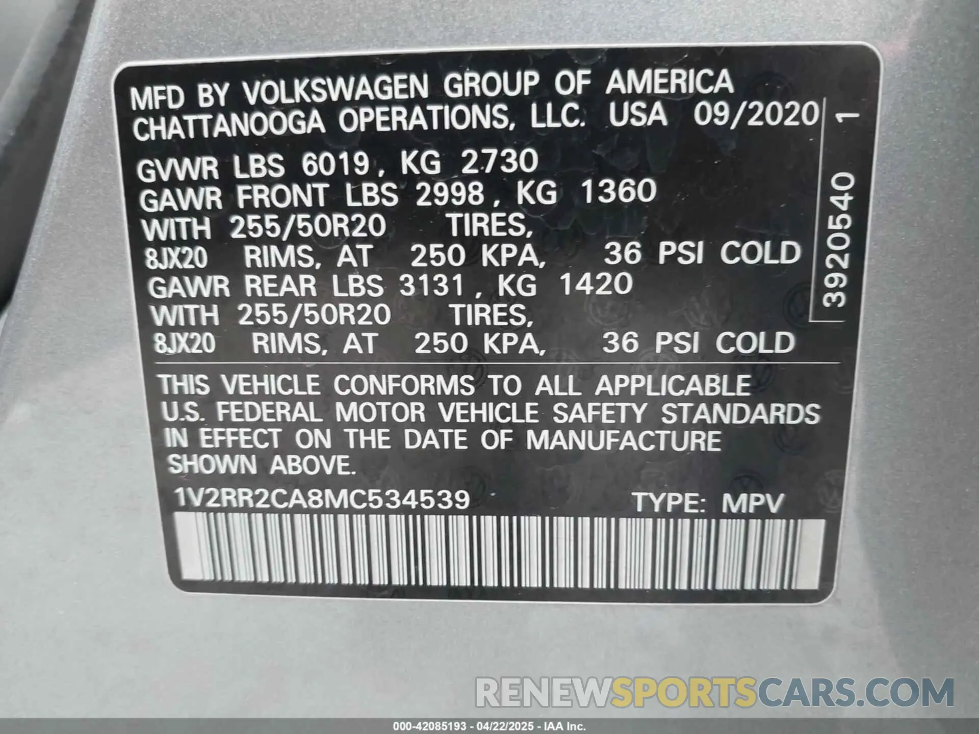 9 Photograph of a damaged car 1V2RR2CA8MC534539 VOLKSWAGEN ATLAS 2021