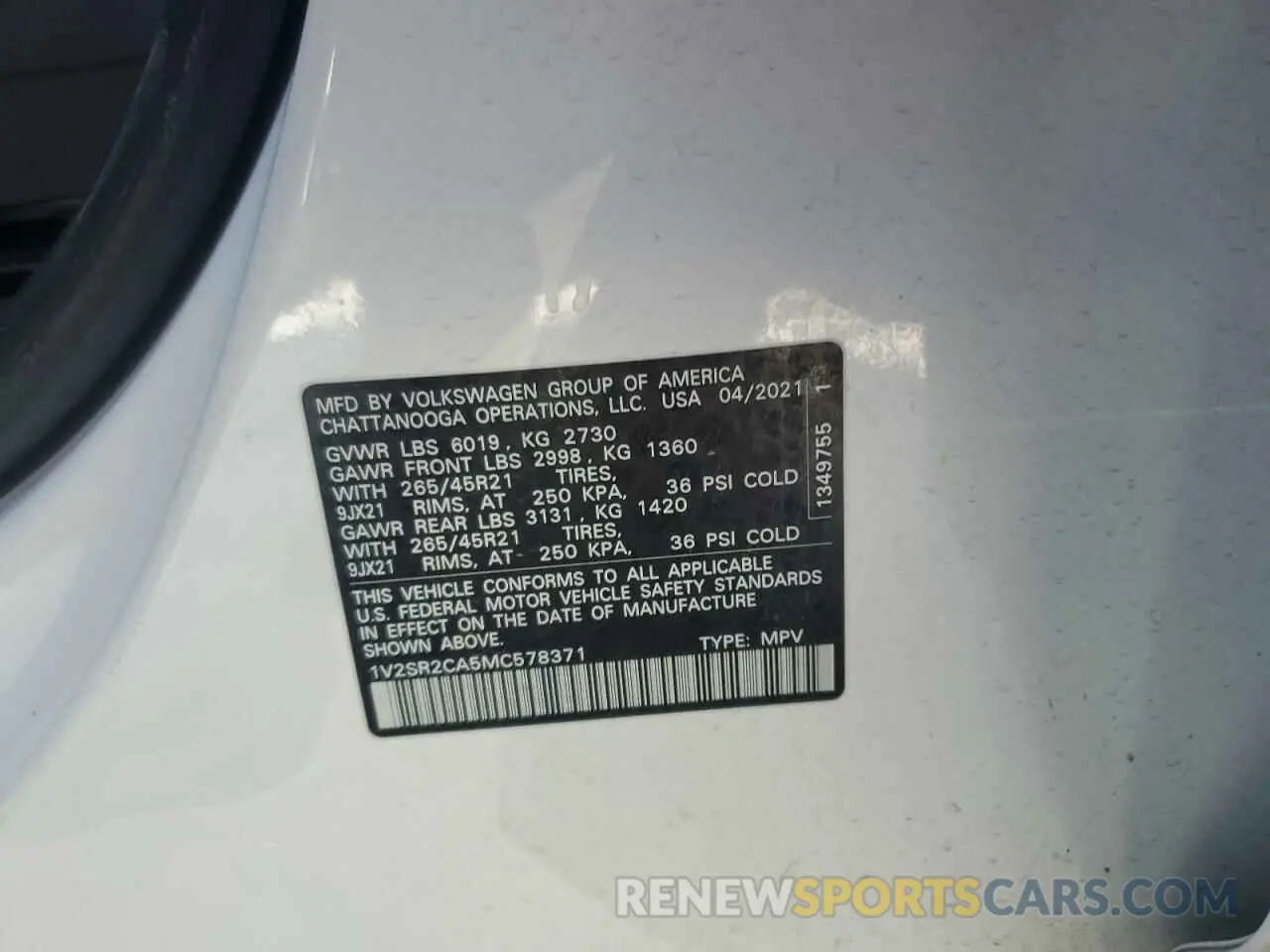 13 Photograph of a damaged car 1V2SR2CA5MC578371 VOLKSWAGEN ATLAS 2021