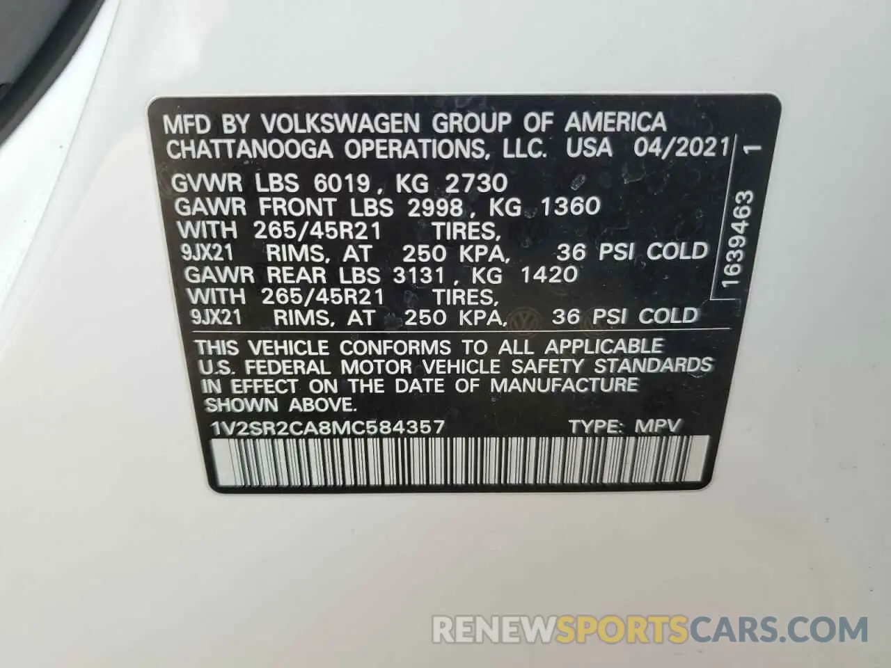 13 Photograph of a damaged car 1V2SR2CA8MC584357 VOLKSWAGEN ATLAS 2021