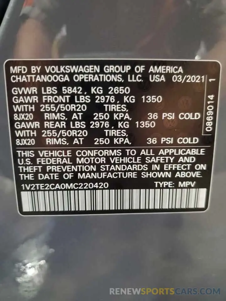 14 Photograph of a damaged car 1V2TE2CA0MC220420 VOLKSWAGEN ATLAS 2021