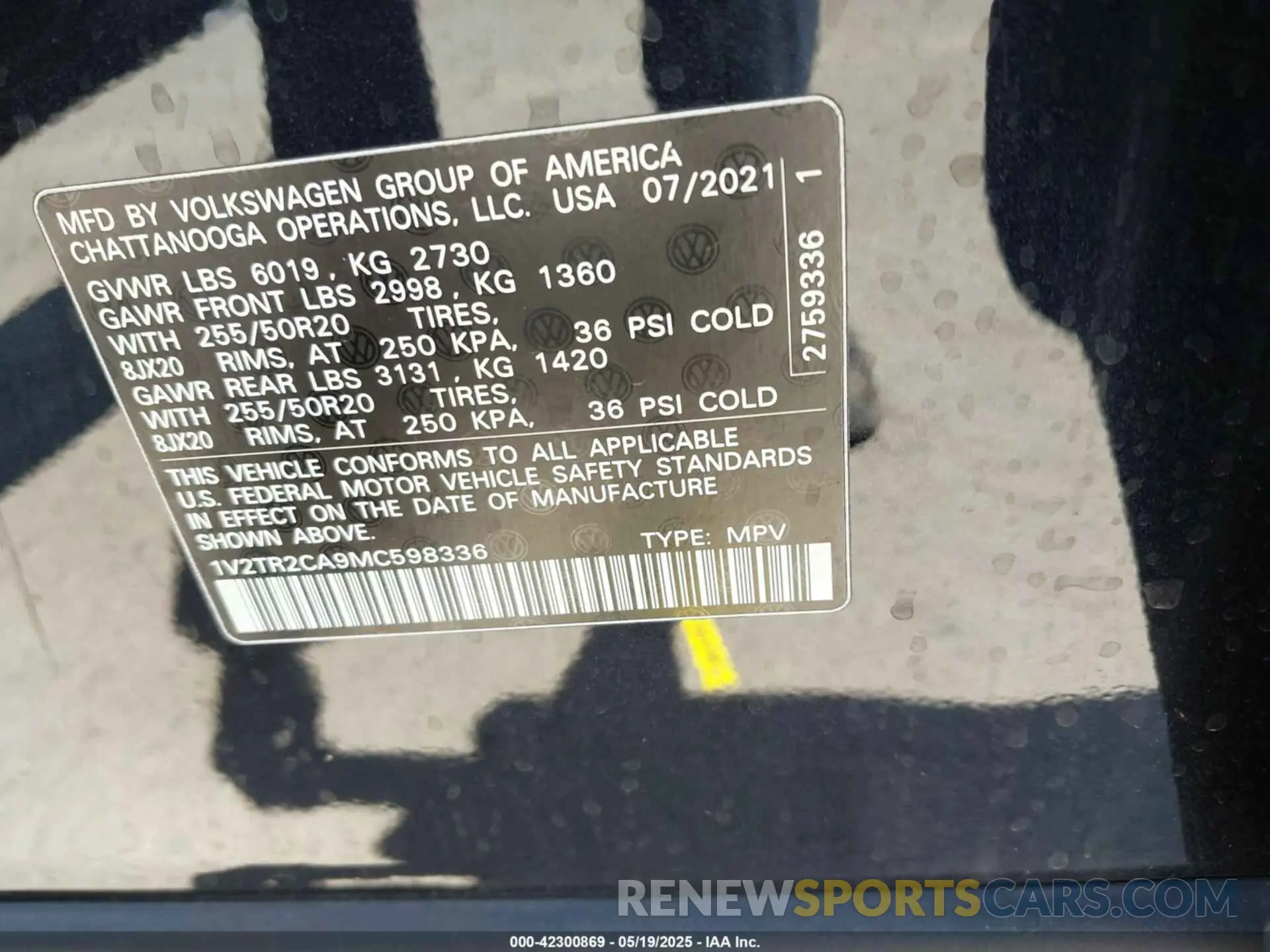 9 Photograph of a damaged car 1V2TR2CA9MC598336 VOLKSWAGEN ATLAS 2021