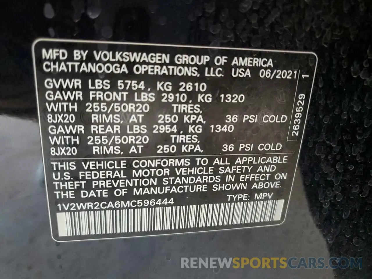 13 Photograph of a damaged car 1V2WR2CA6MC596444 VOLKSWAGEN ATLAS 2021