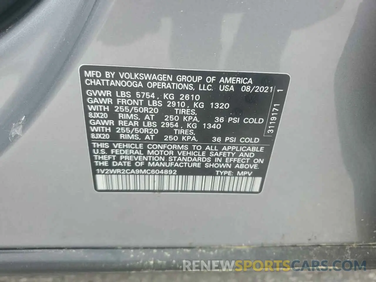 13 Photograph of a damaged car 1V2WR2CA9MC604892 VOLKSWAGEN ATLAS 2021