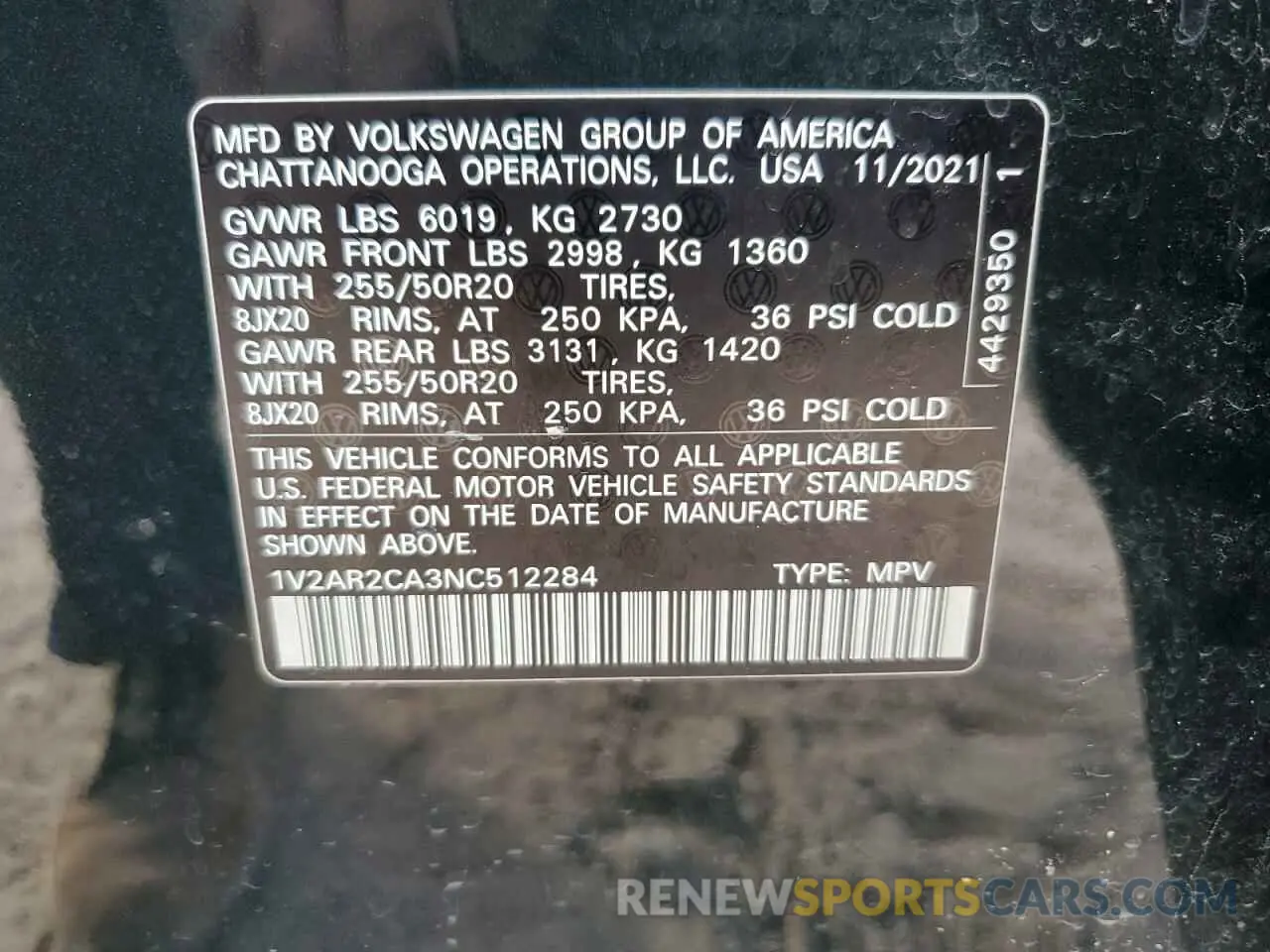 13 Photograph of a damaged car 1V2AR2CA3NC512284 VOLKSWAGEN ATLAS 2022