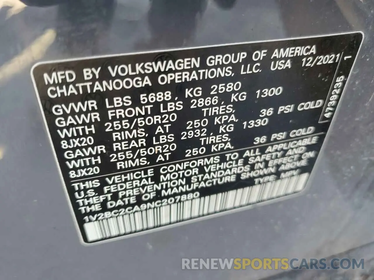 14 Photograph of a damaged car 1V2BC2CA9NC207880 VOLKSWAGEN ATLAS 2022