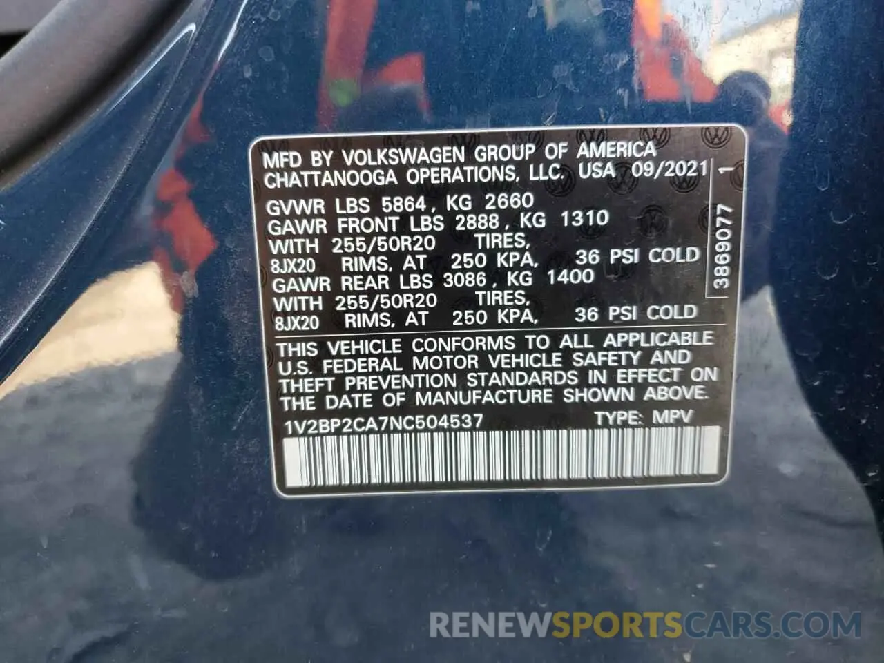 13 Photograph of a damaged car 1V2BP2CA7NC504537 VOLKSWAGEN ATLAS 2022