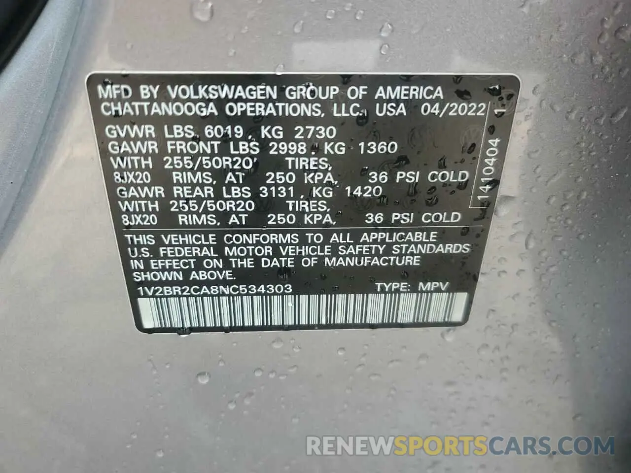 13 Photograph of a damaged car 1V2BR2CA8NC534303 VOLKSWAGEN ATLAS 2022