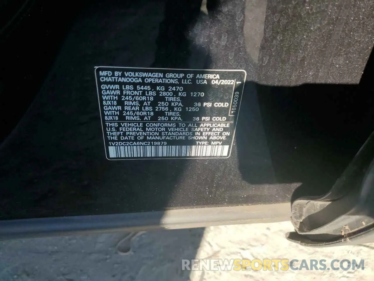 15 Photograph of a damaged car 1V2DC2CA6NC219879 VOLKSWAGEN ATLAS 2022