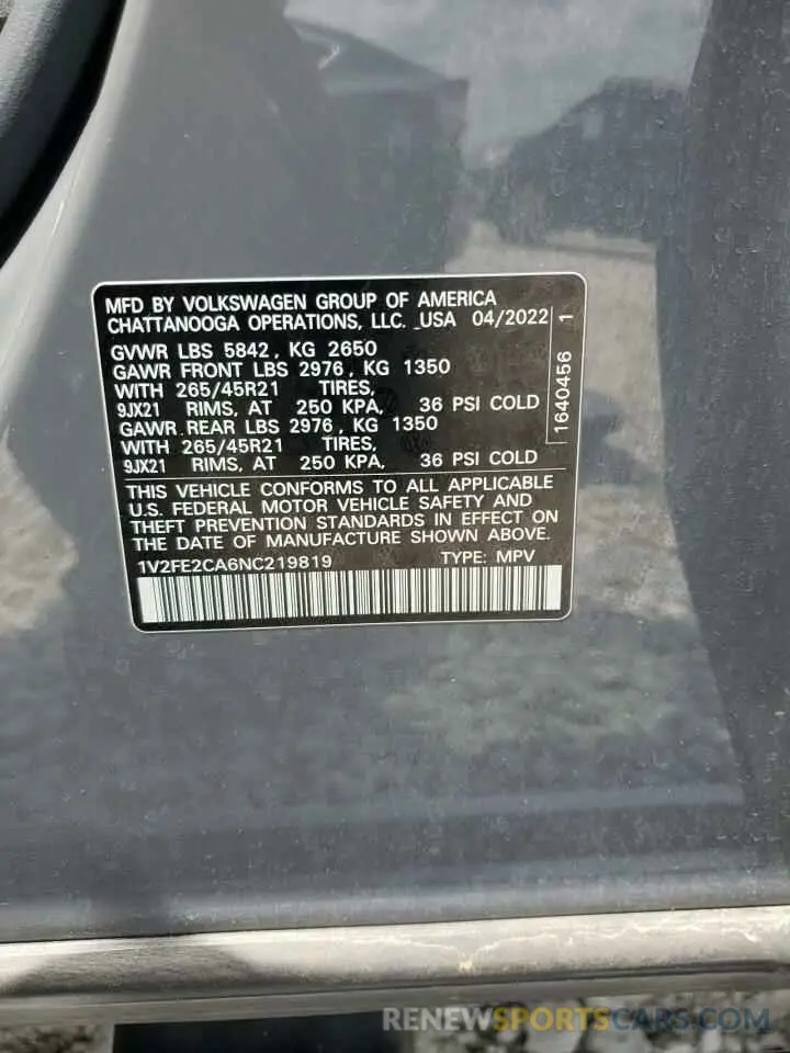 13 Photograph of a damaged car 1V2FE2CA6NC219819 VOLKSWAGEN ATLAS 2022