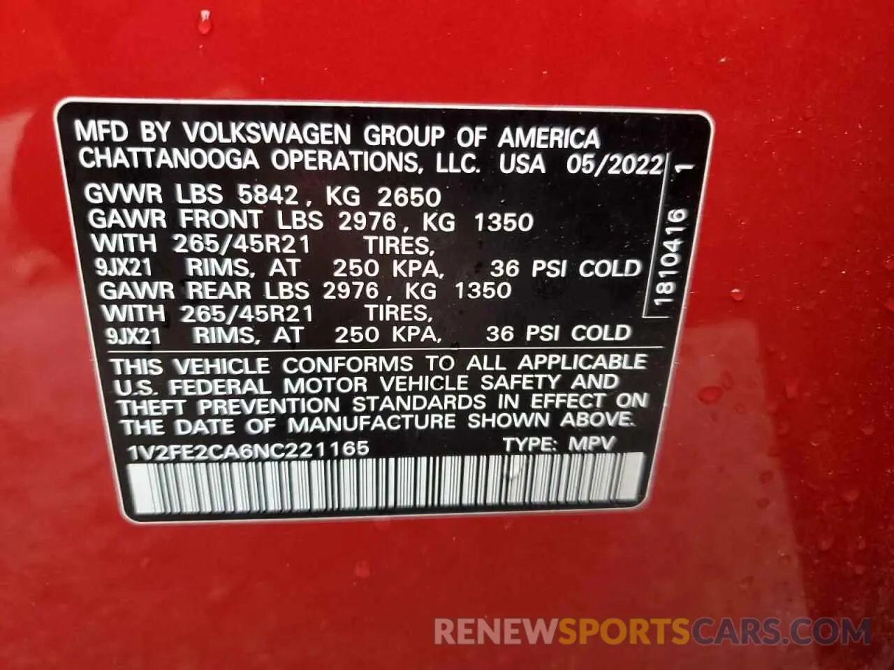 16 Photograph of a damaged car 1V2FE2CA6NC221165 VOLKSWAGEN ATLAS 2022