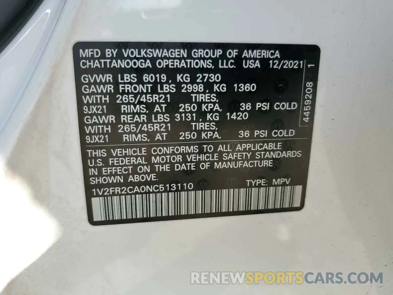 15 Photograph of a damaged car 1V2FR2CA0NC513110 VOLKSWAGEN ATLAS 2022