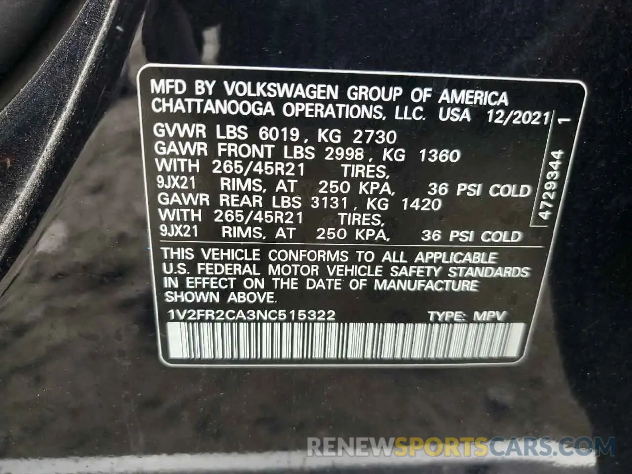 12 Photograph of a damaged car 1V2FR2CA3NC515322 VOLKSWAGEN ATLAS 2022
