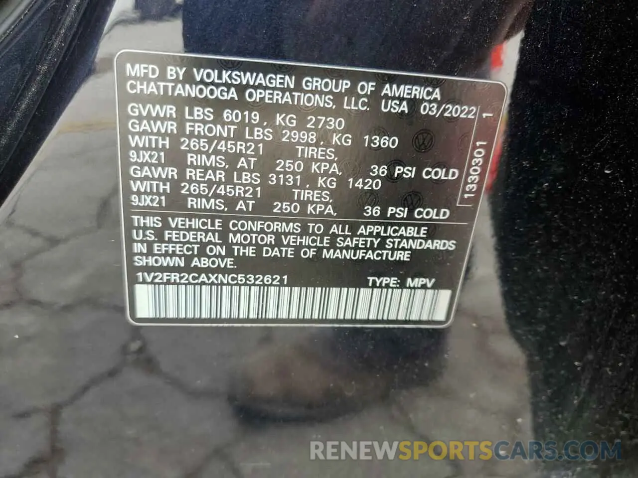 13 Photograph of a damaged car 1V2FR2CAXNC532621 VOLKSWAGEN ATLAS 2022