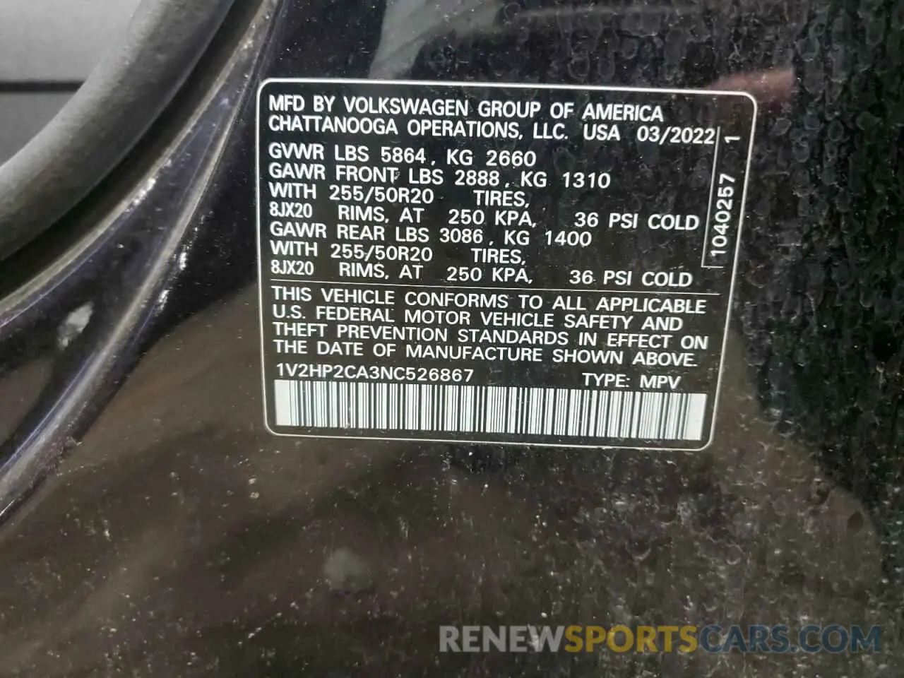 12 Photograph of a damaged car 1V2HP2CA3NC526867 VOLKSWAGEN ATLAS 2022